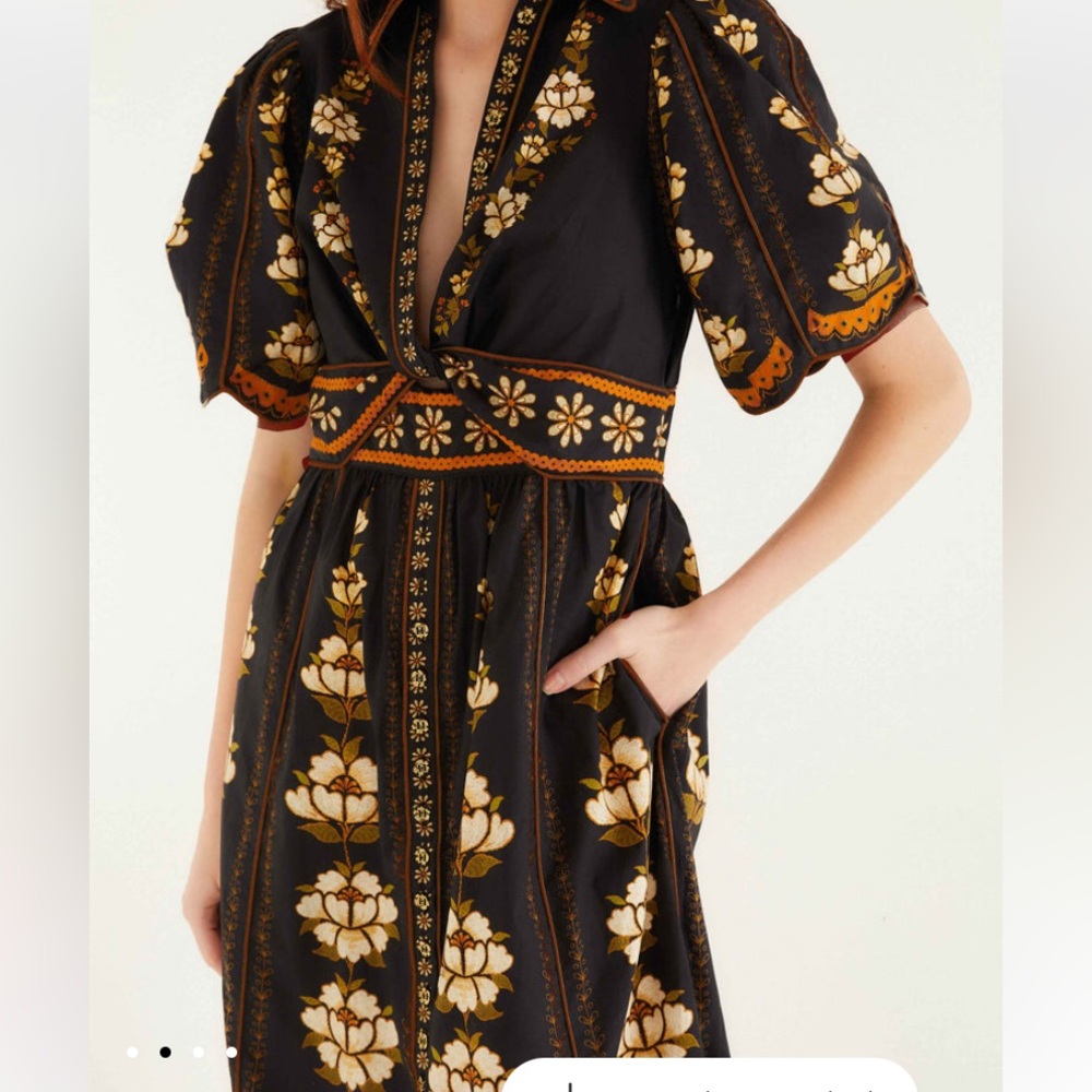 NWT Anthropologie FARM Rio Black Embroidered Flowers Floral Midi Shirt Dress M - Picture 6 of 11